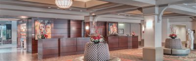 Hotel front desk and lobby