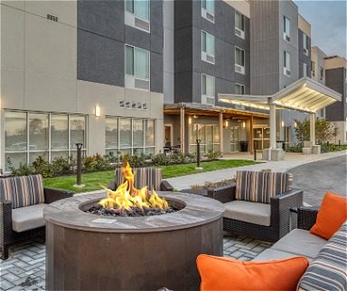 Hotel outdoor lounge with fire pit
