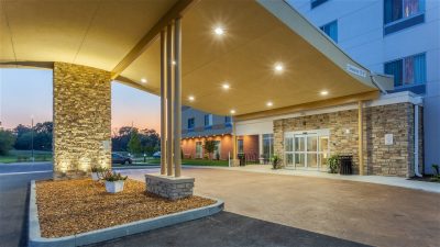 Hotel exterior at dusk